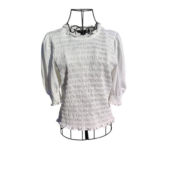 Veronica Beard White Langston Smocked Fitted Puff Sleeves Top - Picture 4 of 9
